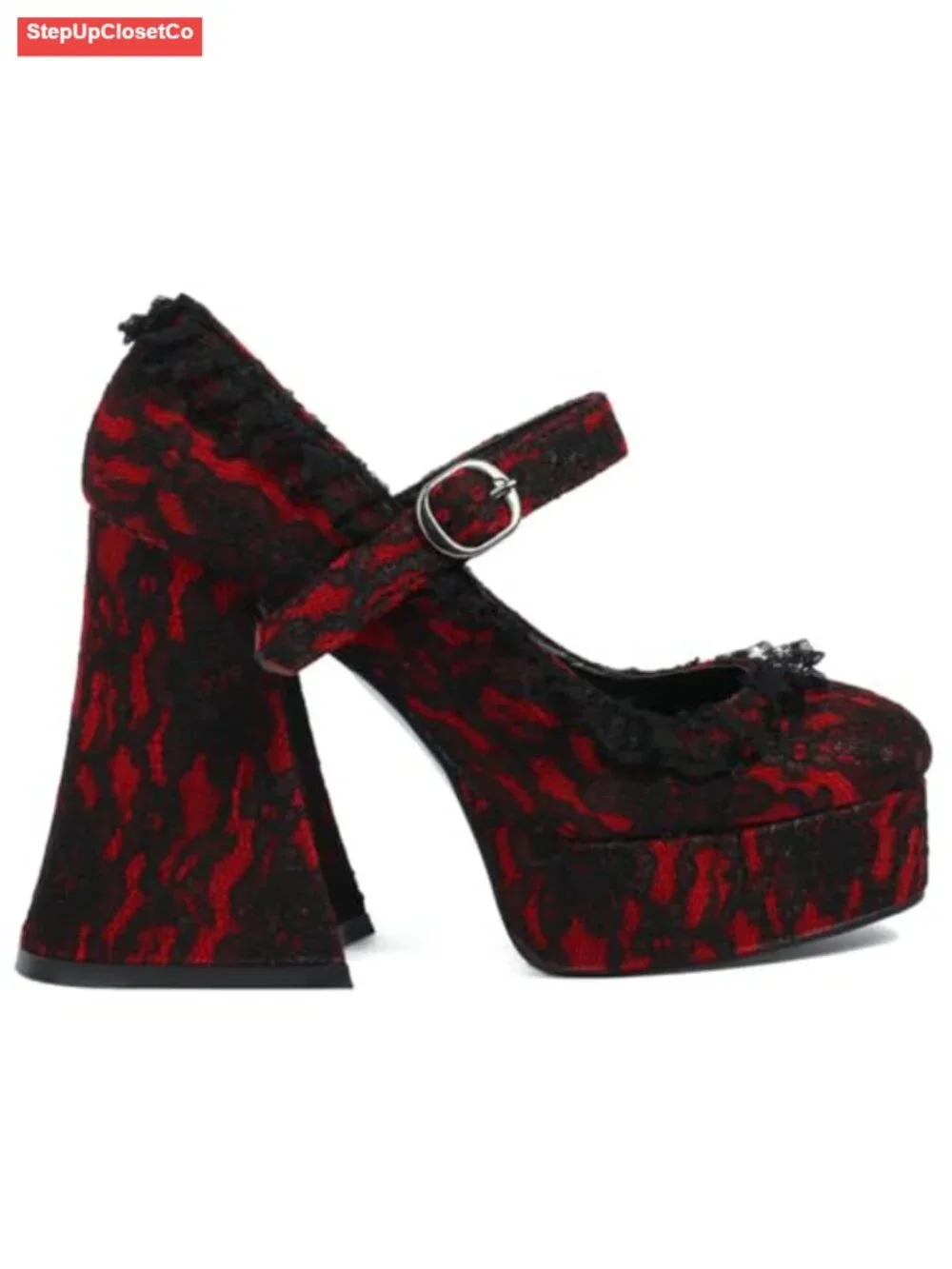 Goth Platform Mary Jane Heels Chunky High Heel Lace Flower Shoes Round Toe